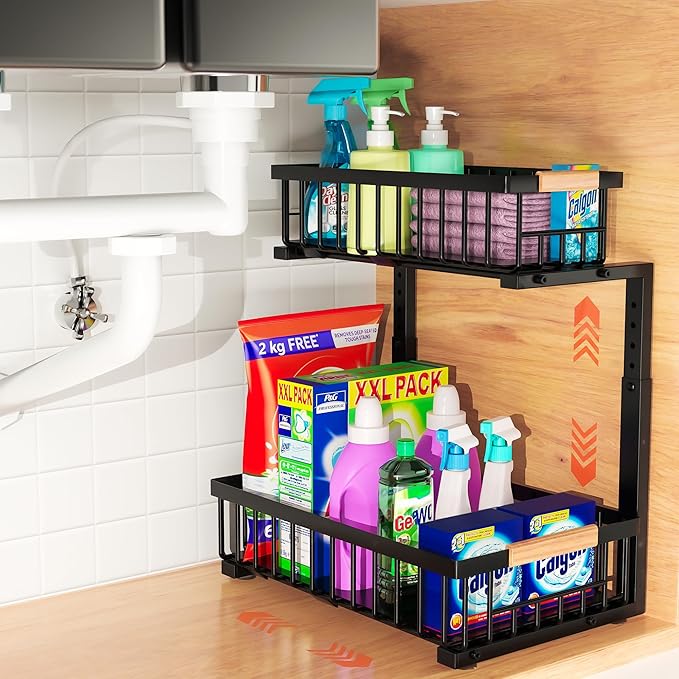 Under Sink Organizer, 2-Tier Pull-Out Cabinet Organizer – Adjustable Height, Left or Right Install – Smooth Slide-Out Drawers, Heavy-Duty Metal Rack for Kitchen & Bathroom, 1 Pack