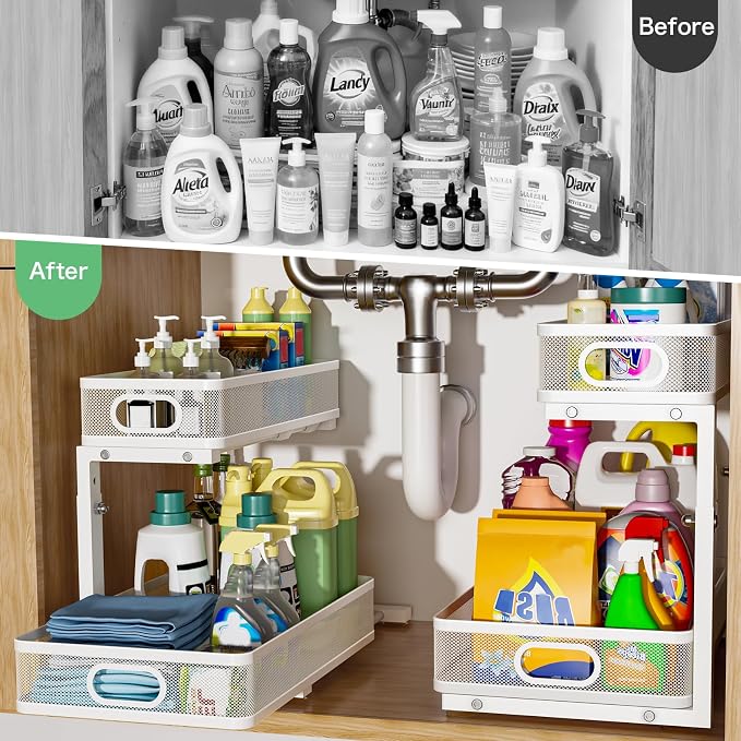 Under Sink Organizer, High Adjustable 2 Tier Under Sink Organizers and Storage, Slide out Metal Cabinet Organizers, Pull out Storage Drawer Shelf for Kitchen Bathroom Cabinet (1, White)