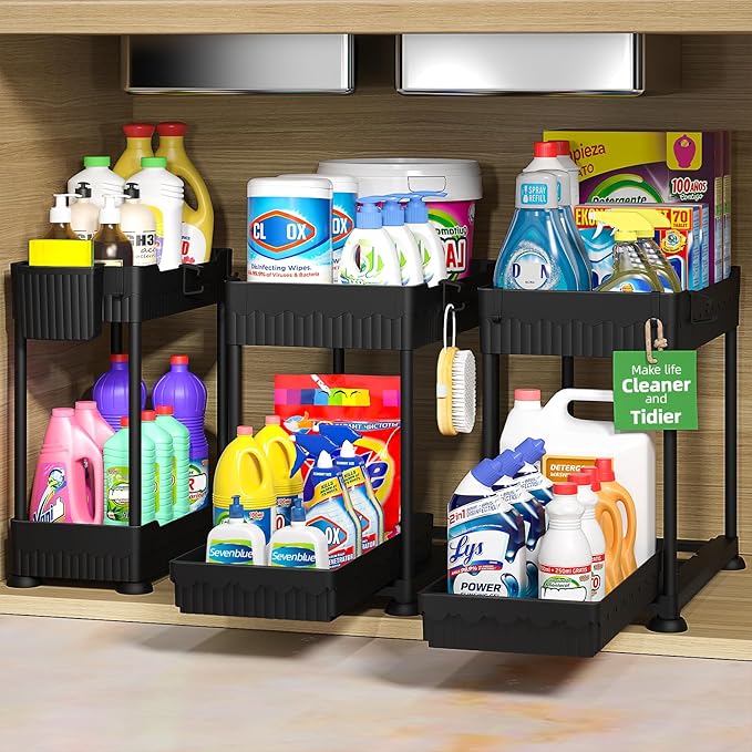 Sevenblue 3 Pack Under Sink Organizers,2-Tier Multi-Use Kitchen and Bathroom Organizers and Storage with Sliding Drawers,Bathroom Cabinet Organizer (Black, 14.8 Inch)