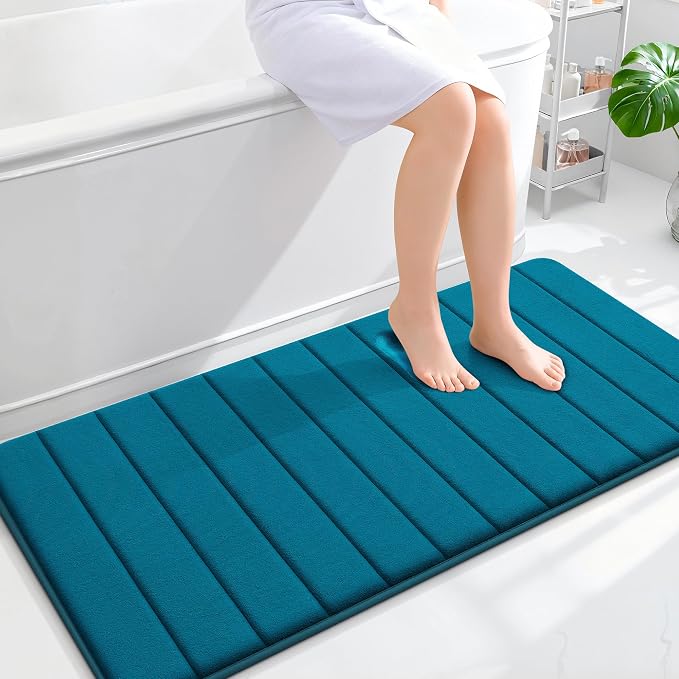 OLANLY Memory Foam Long Bathroom Rugs Runner 47x24, Super Soft Absorbent Bath Mat, Quick Dry, Machine Washable Shower Floor Rugs, Bathmat Carpet, Bathroom Home Decor Accessories, Peacock Blue