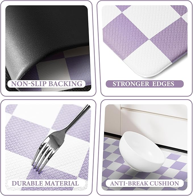 Purple Checkered Grid Checkerboard Kitchen Rug Sets [2 PCs], Anti-Fatigue, Waterproof Non-Slip Kitchen Mats Heavy Duty Ergonomic Comfort Foam Rug for Floor, Home, Laundry,17"x29"+17"x47"