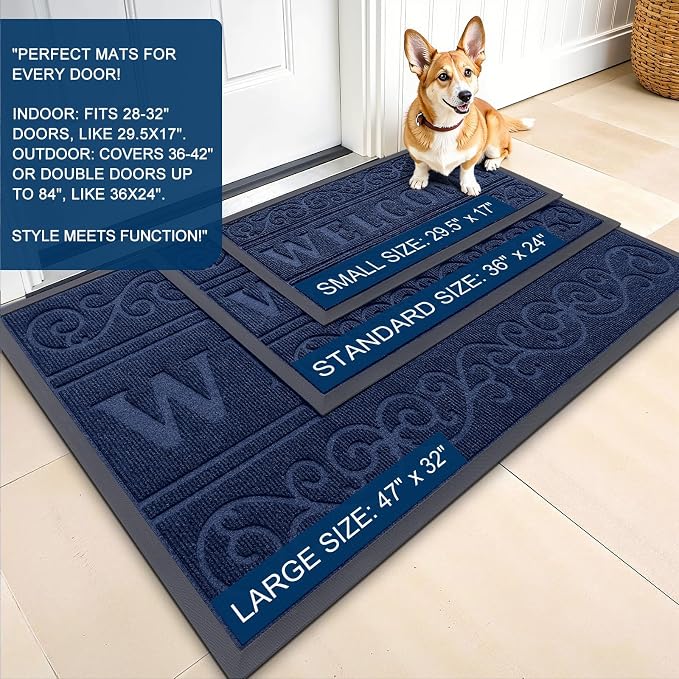 OLANLY Welcome Door Mat Indoor Outdoor Entrance, Heavy Duty Sturdy Front Door Mat, Waterproof All-Weather Doormat, Stain Resistant, Low Profile, Easy Clean Patio Entryway Mat, 59 x 35, Navy Blue