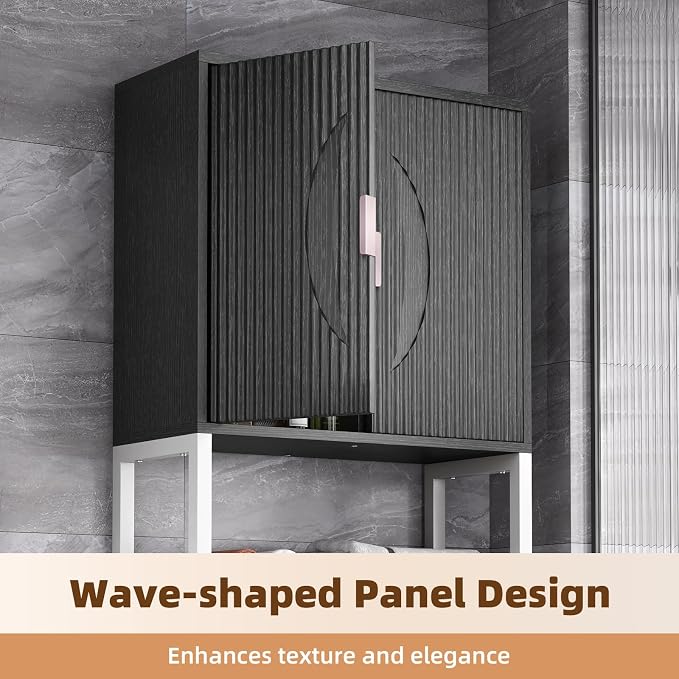 Kalrin Over The Toilet Storage Cabinet with Fluted Wave Doors and Adjustable Shelf, Wood Over Toilet Storage Rack with Drain Basket, Freestanding Bathroom Organizer for Balcony Laundry, Black & White