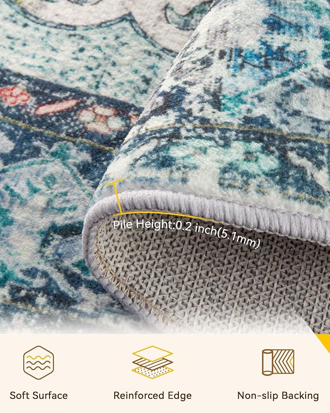 RELEANY Area Rugs Round 6ft Washable Non-Slip, Floral Vintage Distress Medallion Carpet for Living Room Bedroom Dining Room, Green Navy Blue White Red Teal