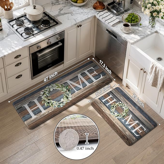 KIMODE Farmhouse Kitchen Mats for Floor 2 Piece,Cushioned Anti Fatigue Rugs Non Slip,Memory Foam Waterproof Carpet for Sink Laundry Office Bathroom,Blue 17"x47"+17"x29"