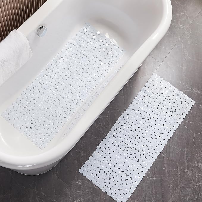 Webos Bath Shower Mat Non Slip: Extra Large Pebble Bathtub mat for Kids, Elderly, Anti Slip Shower Matt with Drain Holes Suction Cups Tub Mat - 16 X 40 Inch White