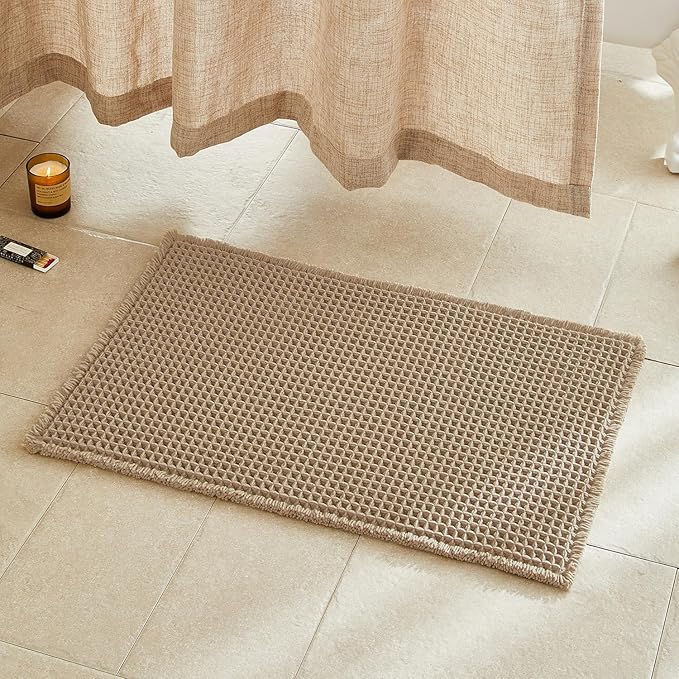 TYUU Waffle Bath Mat, Boho Bathroom Rugs Non Slip Washable Super Absorbent Quick Dry Farmhouse Bathroom Decor, 30"x20" Khaki