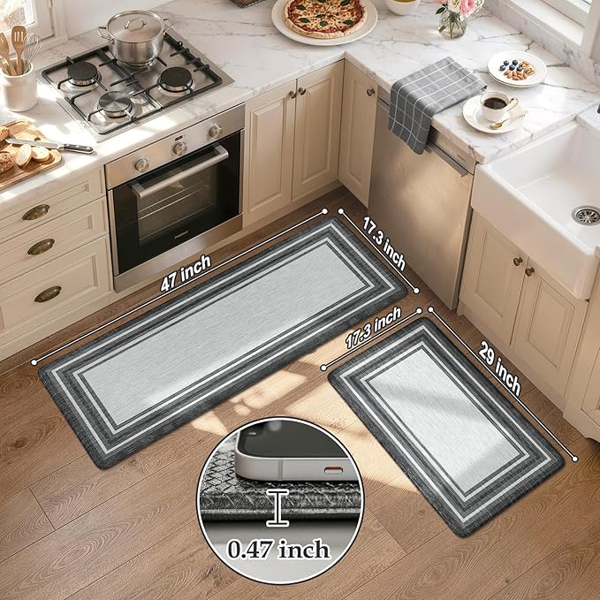 KIMODE Anti Fatigue Kitchen Mat for Floor 2PC,Kitchen Rugs Non Slip Rubber Backing,Waterproof Farmhouse Kitchen Floor Mat,Cushioned Standing Mat for Home Decor,Office,Laundry,Sink,Desk,Black and Grey