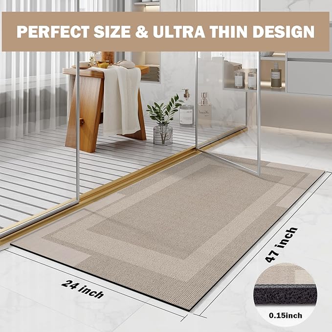 YDKGL Non Slip Long Bath Mat Bathroom Runner, Rubber Backing Ultra Thin Bathroom Rugs Fit Under Door Quick Dry Super Absorbent Washable Bath Rug Shower Mat for Bathtub Sink Floor, Beige 24"x48"