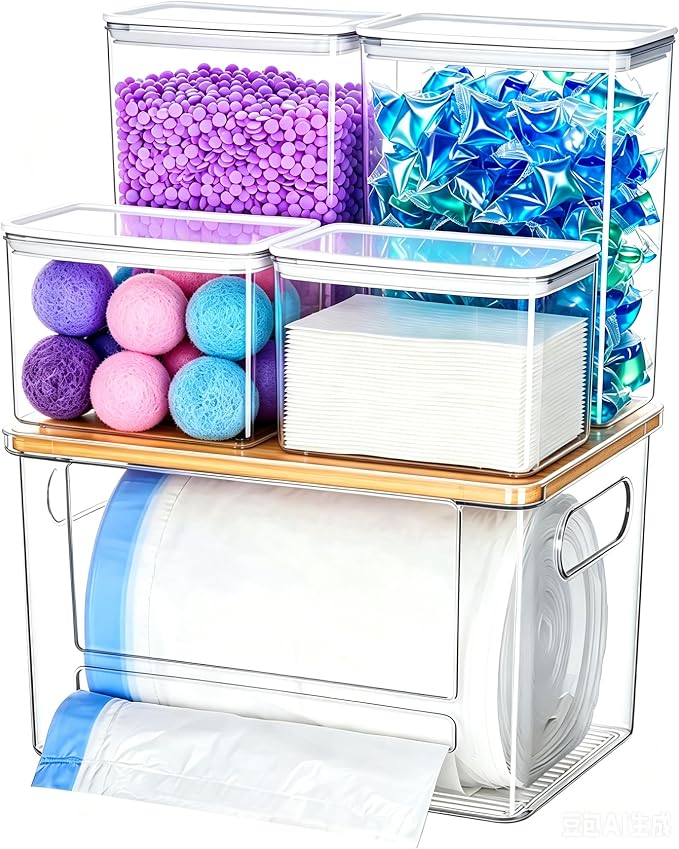 5-in-1 Under Sink Organizer with Trash Bag Dispenser & Acrylic Containers, Clear Laundry Pod & Dishwasher Pod Storage, Bamboo Lid Kitchen Pantry Organization