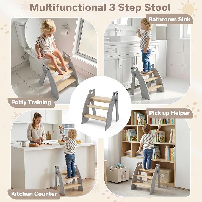 Step Stool for Toddlers, 3-Step Kids Step Stool for Bathroom Sink, Foldable Toilet Potty Training Bamboo Wooden Stool with Handles and Non-Slip Pads for Bedroom, Kitchen Stool Helper, Grey