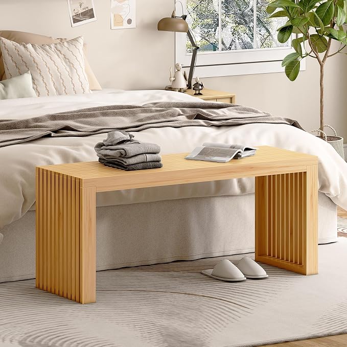 Bamboo Dining Bench, 35-inch Sleek Design Entryway Shoe Rack Bench, Indoor Kitchen Table Bench, Waterproof Outdoor Bench, Natural