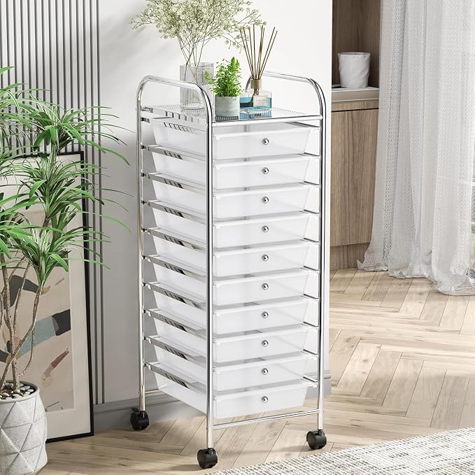 10-Drawer Rolling Storage Cart, Trolley w/Lockable 360° Wheels, 10 Removable PP Drawers, Sturdy Metal Frame, Rolling Utility Cart Perfect for Home, Office, Classroom (Clear)