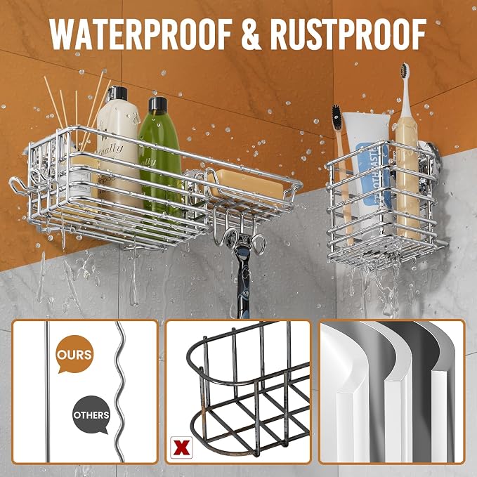 LEVERLOC Shower Caddy Suction Cup, 3 Pack Heavy Duty Bathroom Organizer for Inside Shower with Hooks & Soap Holder, Removable Bathroom Holder