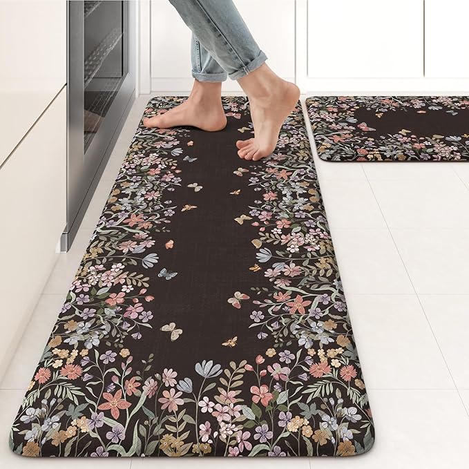 KIMODE Anti Fatigue Kitchen Mats for Floor, Farmhouse Black Kitchen Rugs Sets of 2, Summer Cushioned Kitchen Floor Mats, Comfort Standing Mats for Sink Laundry Office Desk 17"x47"+17"x29"