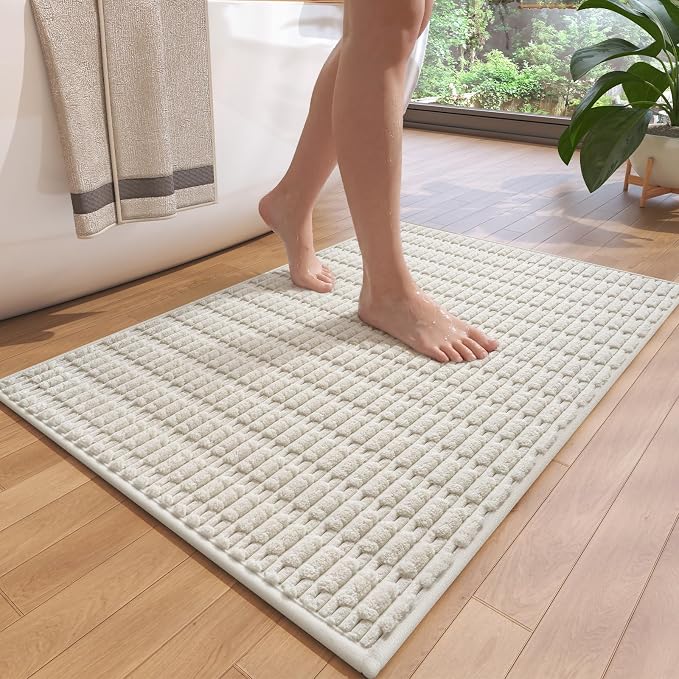 Non-Slip Bath Mat with Rubber Backing, Washable Thin Bath Mats for Bathroom Floor, Absorbent Bathroom Rugs, Quick Dry, Fits Under Door Beige 24x36