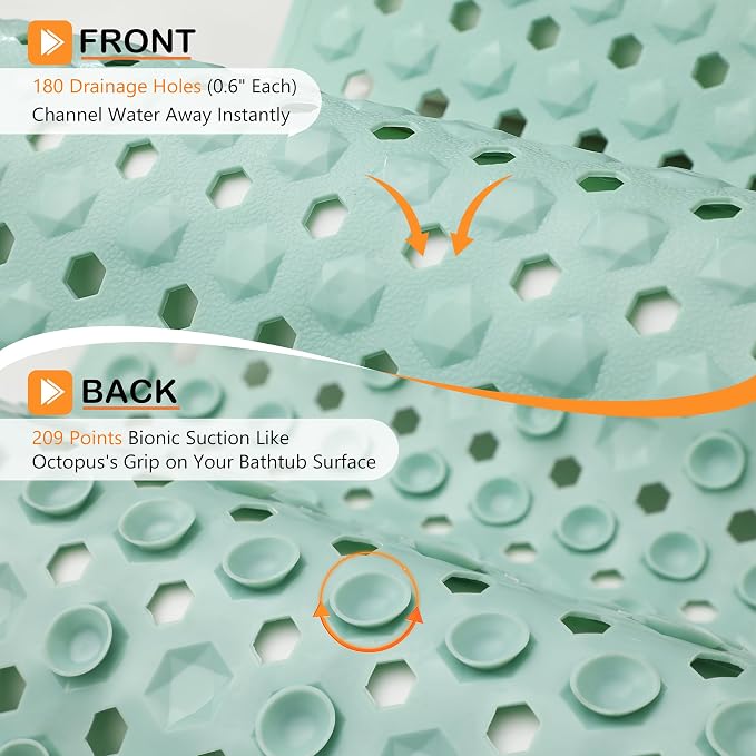 Yimobra Bathtub Shower Mat 27.5 x 15.5, Non Slip Bath Mats for Tub Floor with Drain Hole and Suction Cups, Soft on Feet, Machine Washable, Easy Dry, Light Green