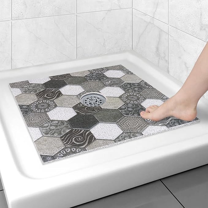Square Shower Mat Non Slip: 24x24 Inch Shower Floor Mat with Drain Hole in Middle, Super Soft and Comfortable PVC Loofah Massage Bath Mat for Shower, Anti Slip Shower Stall Mat, Quick Drying