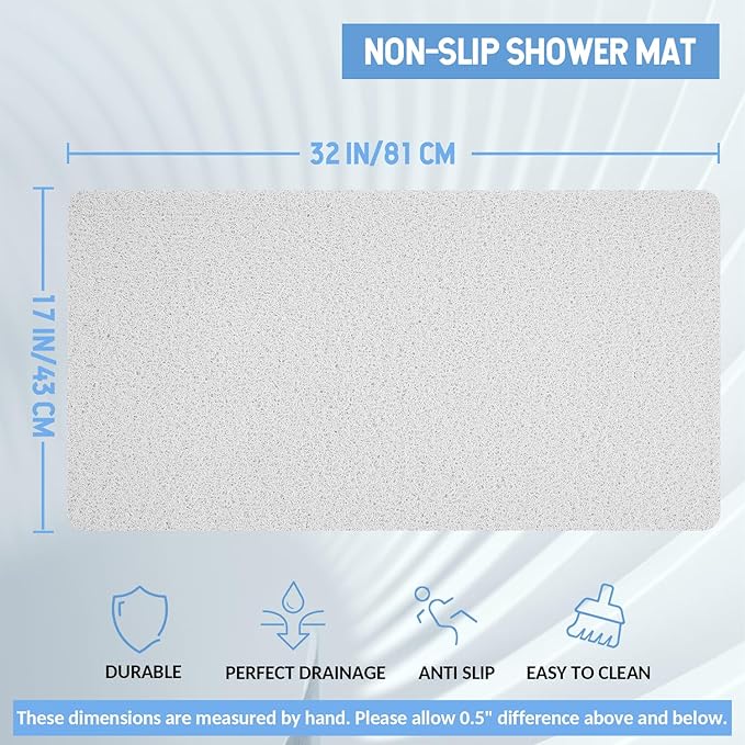 Hargiis Non-Slip Bathtub Mat, Anti Slip Shower Mat, Fast Drying Bathtub Mats, Foot Scrubber Mat, Anti Slip Mat for Tub, Floor, Bathroom, Kitchen, Home, Hotel (White 32"×17")