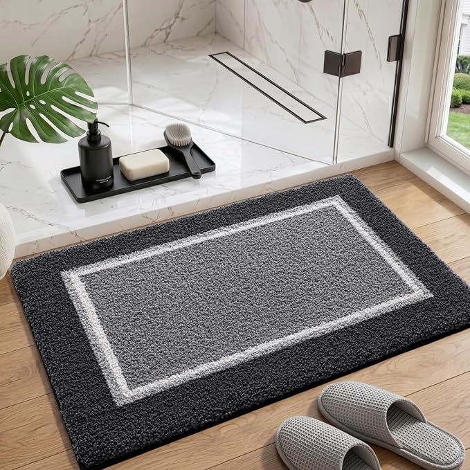 DEXI Bathroom Rugs 32x20, Absorbent Extra Soft Plush Microfiber Bath Mat for Bathroom, Non Slip Washable Bathmat Quick Dry for Shower Floor, Sink, Tub, Laundry Room, Dark Grey