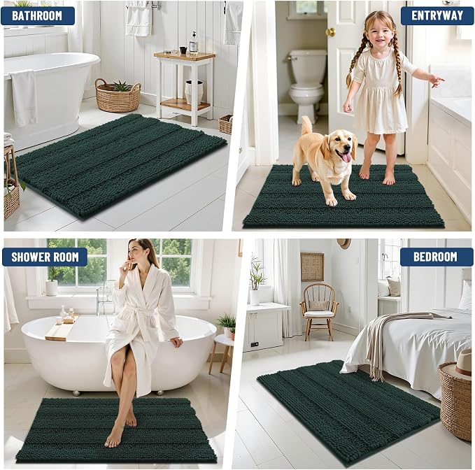 Grandaily Chenille Striped Bathroom Rugs 24x16, Extra Thick and Absorbent Bath Mats, Non-Slip Soft Plush Shaggy Shower Carpet, Machine Wash Dry, Bath Rug for Bathroom, (Small, Dark Green)