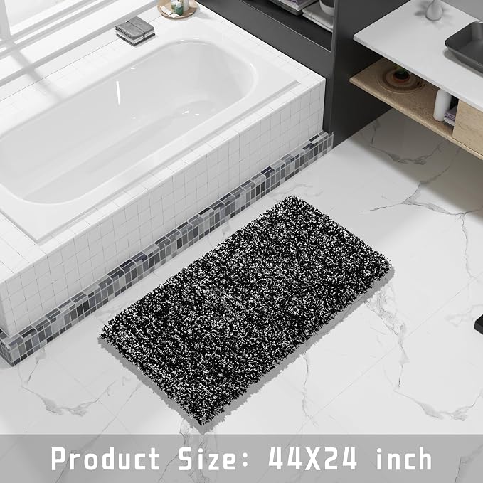 Yimobra Black and White Bathroom Rugs, Luxury Fluffy Bath Mats, Non Slip, Water Absorbent Microfiber, Machine Washable, Plush Runner Carpet Shower Rugs, Thick Matts for Bathroom Floor&Tub, 44" X 24"
