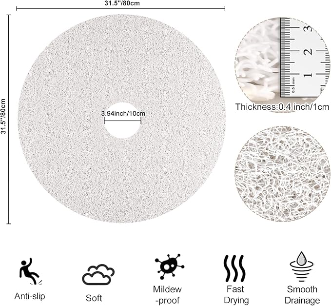 Shower Mat Non Slip, Round Shower Mat for Inside Shower, Non Slip Bathtub Mat, Fast Drying Bath Tub Mats, Loofah Mat for Shower Bathroom, Quick Drying, Resistant (White, 32 x 32 Inch)