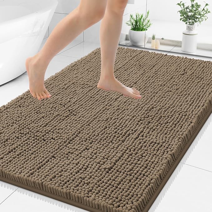 Smiry Luxury Chenille Bathroom Rugs 44x32, Extra Soft and Absorbent Shaggy Bath Mat, Machine Washable, Non-Slip Plush Carpet Runner for Tub, Shower, and Floor, Home Decor Accessories, Camel