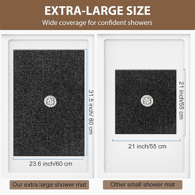 Large Non Slip Shower Mat: 32x24 inch Loofah Shower Mat for Inside Shower with Drain Hole in Middle, Soft PVC Anti-Slip Shower Stall Mats for Bathroom,Wet Area, Quick Drying
