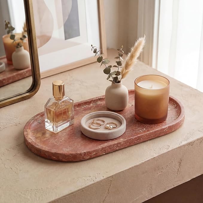 YKAJO Oval Real Marble Tray for Bathroom Kitchen Counter Stone Decorative Vanity Tray for Dresser Perfume Heavy Catchall Organizer for Soap Jewelry (Rosso Levanto Red, 11.8" x 5.9")