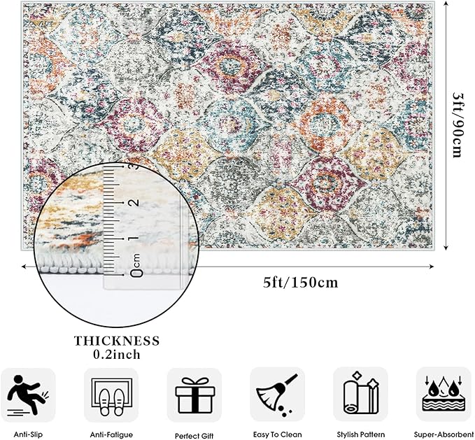 Lahome Moroccan Trellis Washable Small Area Rug, 3x5 Black Rug for Bedroom Living Room, Non-Slip Oriental Accent Throw Carpet for Kitchen Office Entryway Bathroom Office Elise, Aqua/Multi