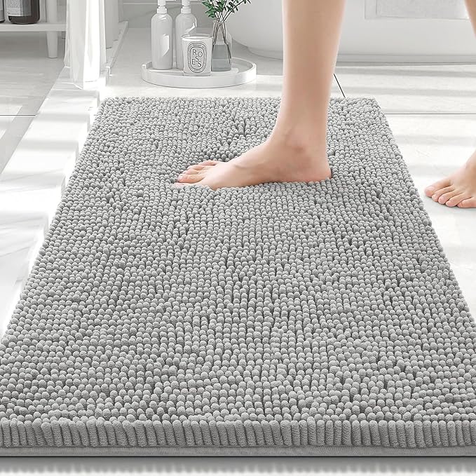 Smiry Luxury Chenille Bathroom Rugs 30x20, Extra Soft and Absorbent Shaggy Bath Mat, Machine Washable, Non-Slip Plush Carpet Runner for Tub, Shower, and Floor, Home Decor Accessories, Light Grey