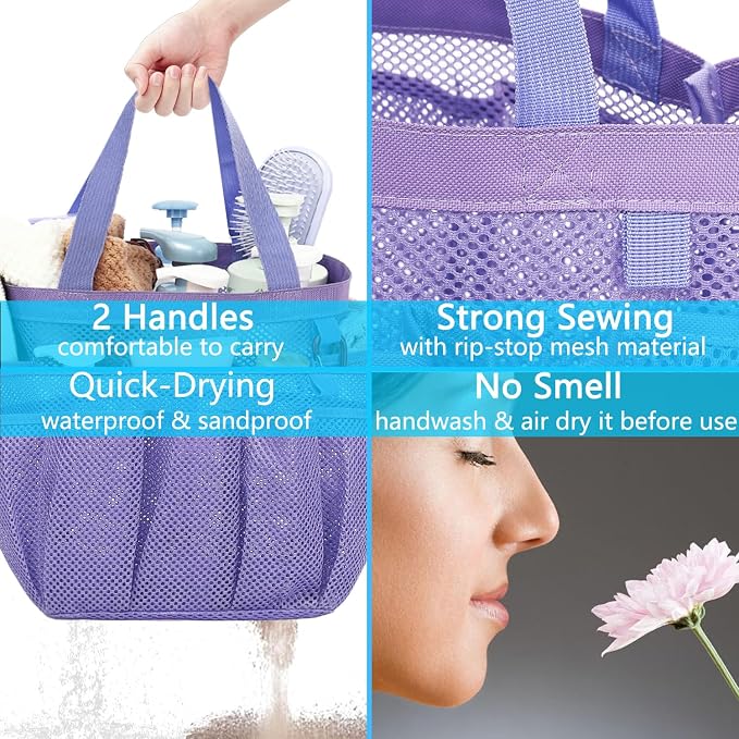 Fammart Mesh Shower Caddy Portable for College Dorm Room Essentials, Odorless Polyester Large Shower Tote Bag with Dual Handles, 8-Pocket Quick-Dry Toiletry Organizer for Travel, Beach, Camping, Gym