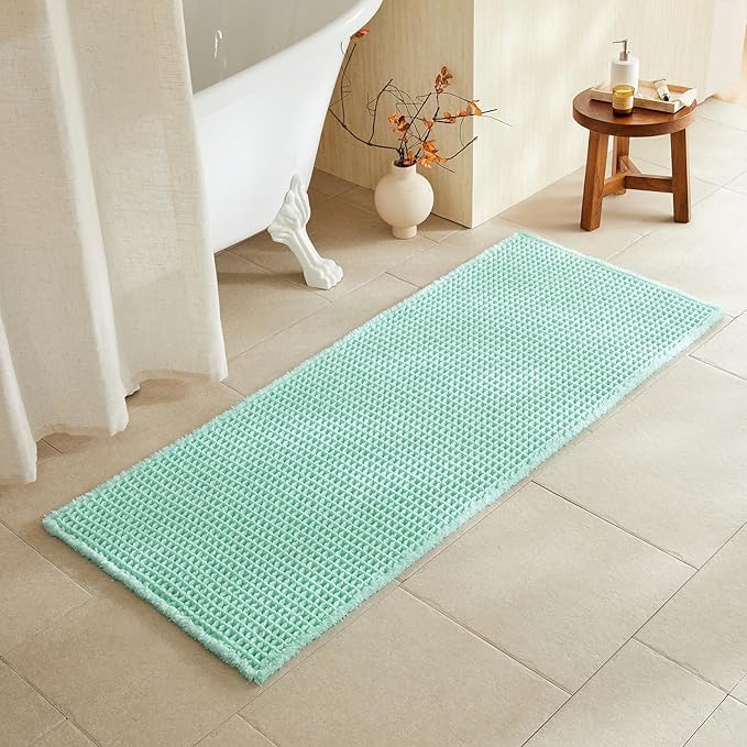 TYUU Waffle Runner Rug Bathroom, Long Boho Bathroom Rugs Non Slip Washable Super Absorbent Quick Dry Cute Bath Mat Farmhouse Bath Decor, 60"x24" Aqua Blue