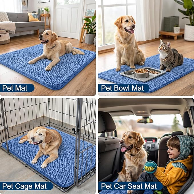 Smiry Dog Door Mat for Muddy Paws 30x20, Absorbent Dirt Trapper, Non-Slip Washable Chenille Entryway Rug for Inside Floor, Cornflower Blue, Classic Solid