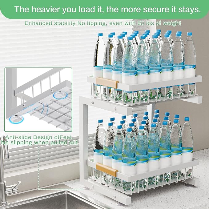 Under Sink Organizer, 2 Pack 2 Tier Expandable Height Under-Sink Bathroom Kitchen Organizers And Storage