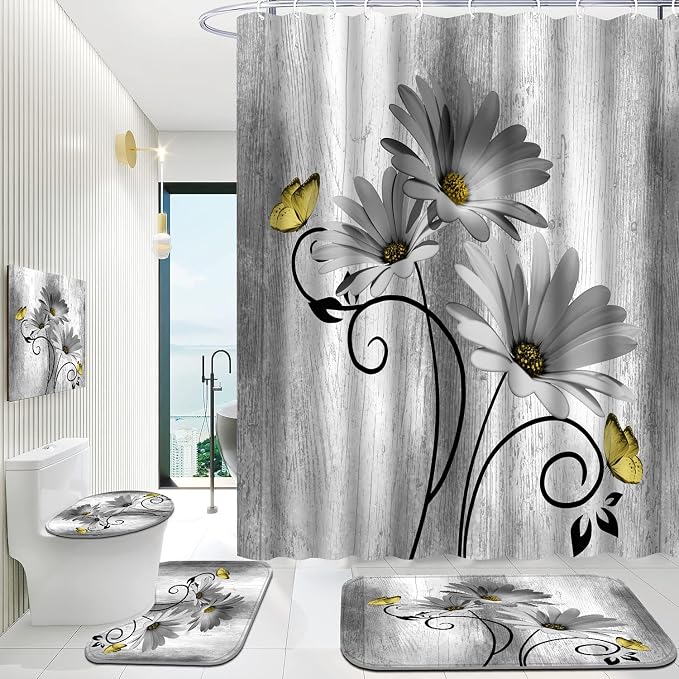 Onalasyc 4PCS Grey Daisy Flowers Butterfly Shower Curtain Set with Shower Curtain and Carpet and Accessories, Waterproof Bathroom Shower Curtain Decorative Set with 12 pcs Hooks,71 x 71in