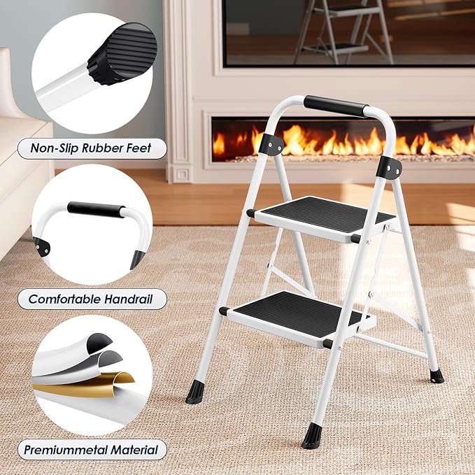 Urackify Step Ladder, 2 Step Ladder with Anti-Slip and Wide Pedal, Portable Foldable Step Stool with Handgrip, Sturdy Step Ladder for Home Kitchen Household, White