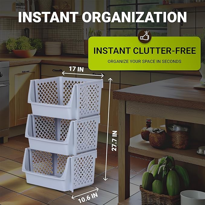 TidyFriend 3 Pk XLarge Stackable Storage Bins Open Front for Pantry Organizers & Storage, Pantry Storage for Food, Kitchen & Home Organization, Plastic Storage Bins, Dorm Room Essentials (Light Grey)