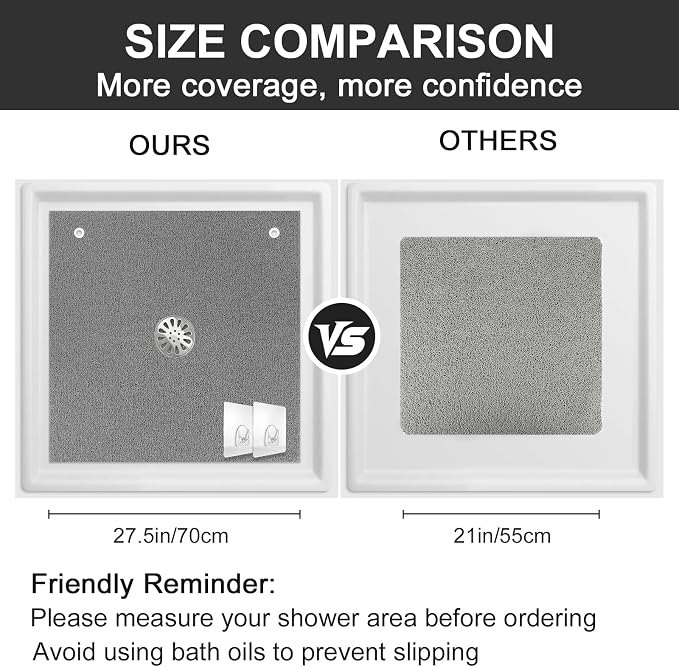 Extra Large Square Shower Mat for Inside Shower, 27 x 27 Inch Shower Floor Mat with Center Drain Hole, Designed for Walk-in Showers, Non-Slip Loofah Mat with Wide Coverage for Stable Standing