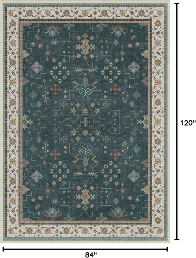 Hazo Haus Dark Green Vintage 7x10 Washable Rugs for Living Room - Dark Academia Victorian Floral Geometric Bedroom Rug, Ultra Soft Thin Low Pile Non-Slip Large Rugs for Lounge