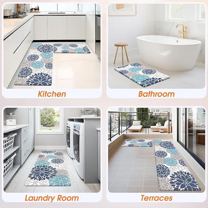 StepLively Kitchen Mats for Floor, 0.47" Anti Fatigue Mats for Kitchen Floor, Kitchen Decor and Accessories Non Slip Washable Mats Set of 2 for Sink, Laundry, 17.3"×30"+17.3"×47", Blue and White