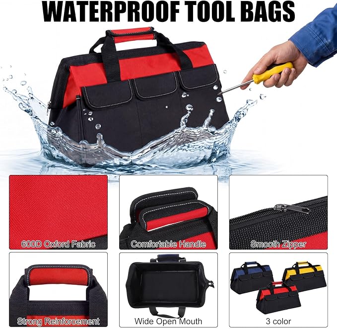 Sanwuta 3 Pack Tool Bag for Men with Waterproof Hard Bottom, Heavy Duty Tool Bag Wide Mouth Tote for Various Instrument, Electrician Carpenter Mechanic(Blue, Red, Yellow,18 Inch,Side Pockets)