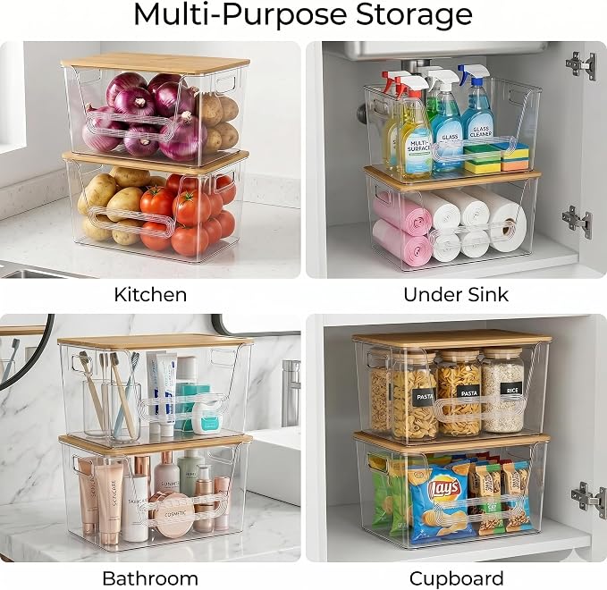 2 Pack Pantry Organizer and Storage with Bamboo Lid, Stackable Trash Bag Dispenser Under Sink Organizer for 4-33 Gal Bags, Pantry Organizers Storage for Onion, Potato, Fruit, Vegetable, Snack