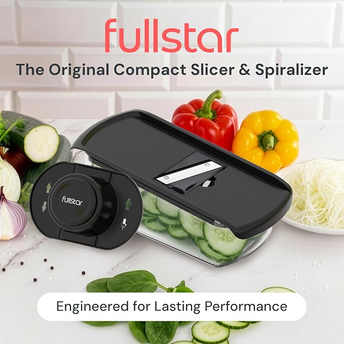 Fullstar Mandoline Slicer for Kitchen, Fruit Cutter, Cheese Grater, Cucumber Slicer, Veggie Spiralizer, Food Cutter & Kitchen Gadgets & Gifts with Safety Glove (6 in 1, Black)