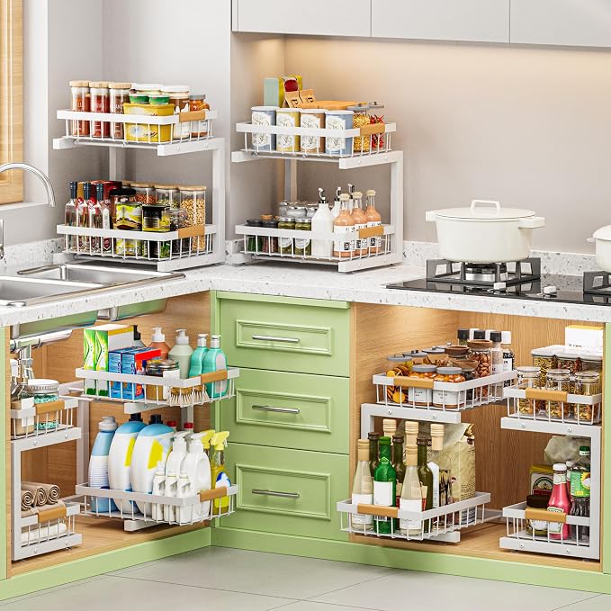 Under Sink Organizer, 2 Pack 2 Tier Expandable Height Under-Sink Bathroom Kitchen Organizers And Storage