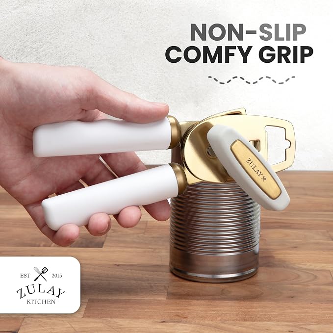 Zulay Kitchen Heavy Duty Stainless Steel Can Opener Manual with Bottle Opener - Rust Proof Manual Can Opener With Turn Knob & Comfy Soft Grip Handles - White & Gold