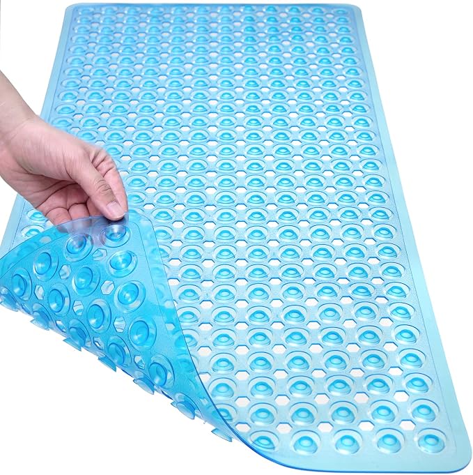 Non-Slip Bathtub and Shower Mats, Power Grip Bath Mat 35 x 16.3 Inch with Suction Cups and Drain Holes for Tub Bathroom Floor Safety, Machine Washable Soft Bathmat, Clear Blue