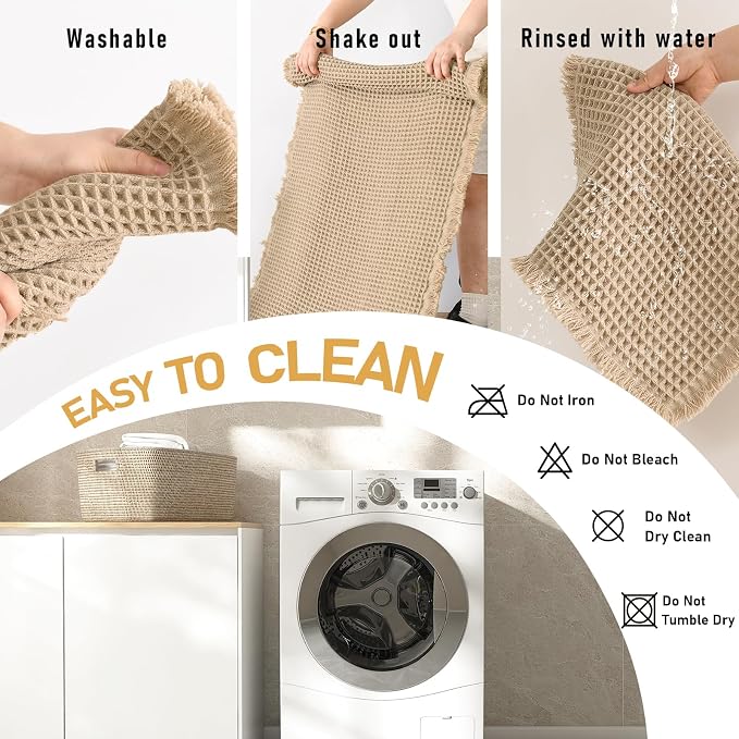 JIUZHEN Set of 2 Waffle Bath Mats Non Slip Waffle Bathroom Runner Rug Washable Boho Runner Bath Rugs Super Absorbent Shower Mat for Bathroom Kitchen Hallway Laundry, 16" x 24" +24" x 48", Brown