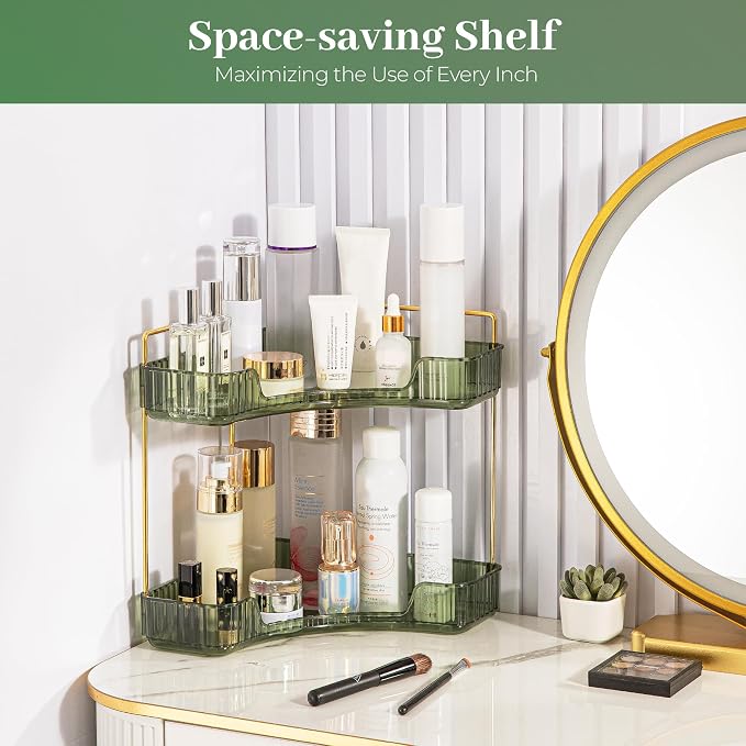 Aveniee Corner Bathroom Counter Organizer, Bathroom Countertop Shelf Makeup Organizer for Vanity Perfume Tray for Corner Storage (2 Tiers, Green)